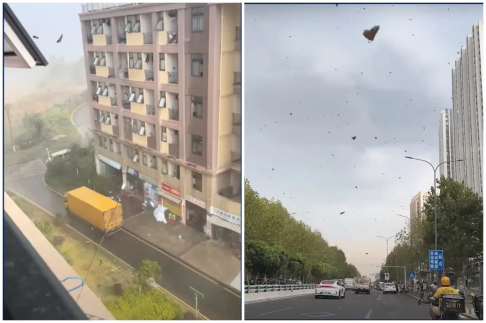 تطاير الملابس في السماء بسبب العاصفة الشديدة