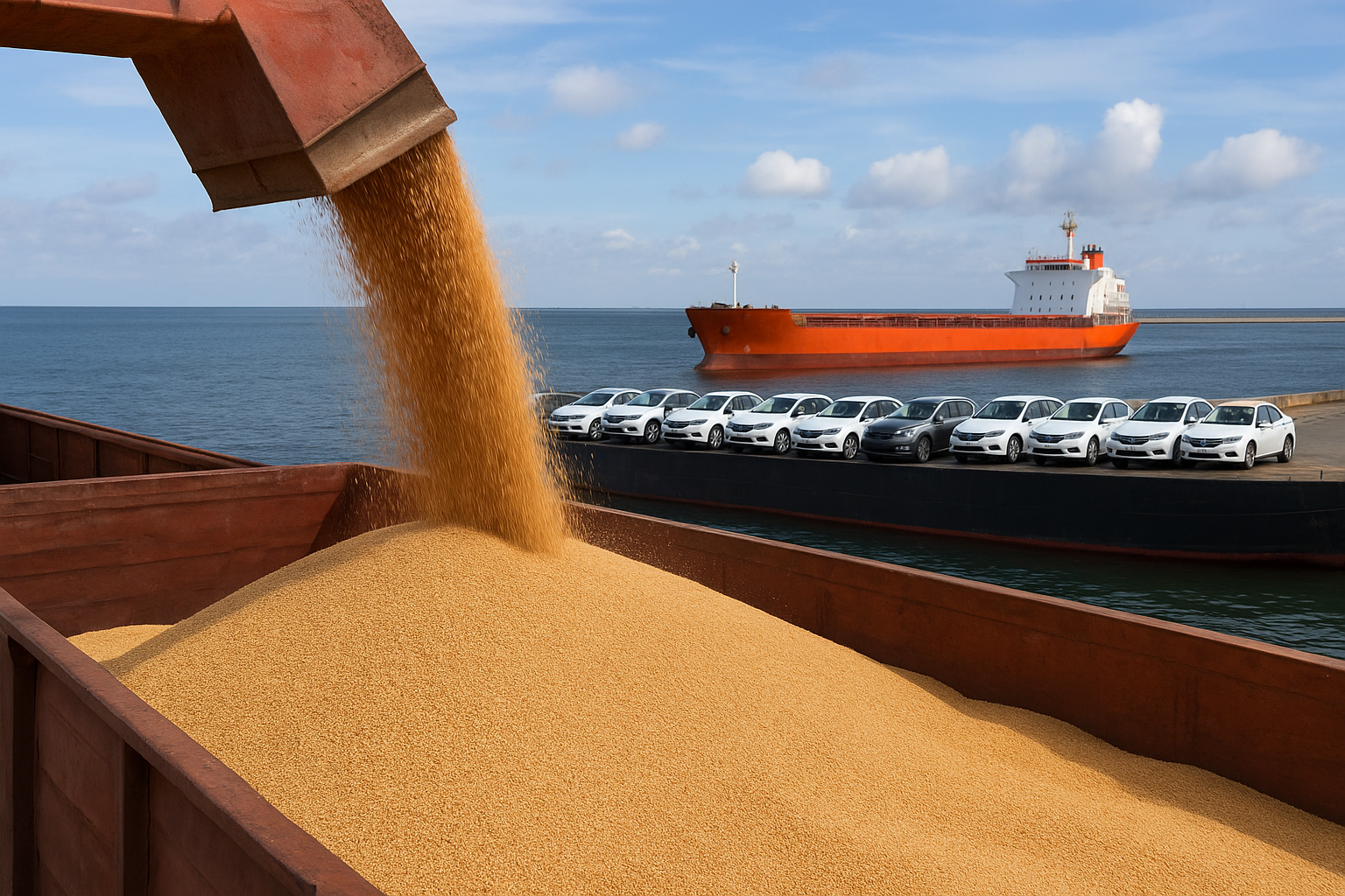 تحميل القمح الروسي في ميناء مع سفينة تحمل سيارات صينية في الخلفية
