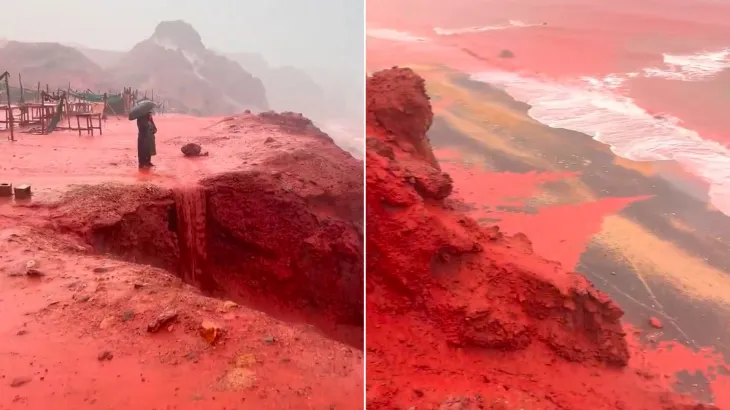 أنهار حمراء تتدفق من المنحدرات الصخرية نحو بحر جزيرة هرمز بعد الأمطار الغزيرة