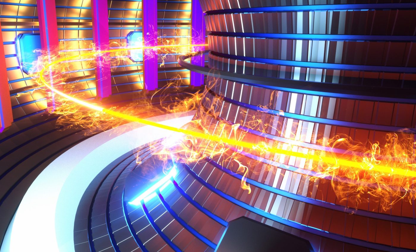 مفاعل EAST الصيني محاط بجدران تنجستين، يُظهر البلازما المضاءة وسط الحقول المغناطيسية