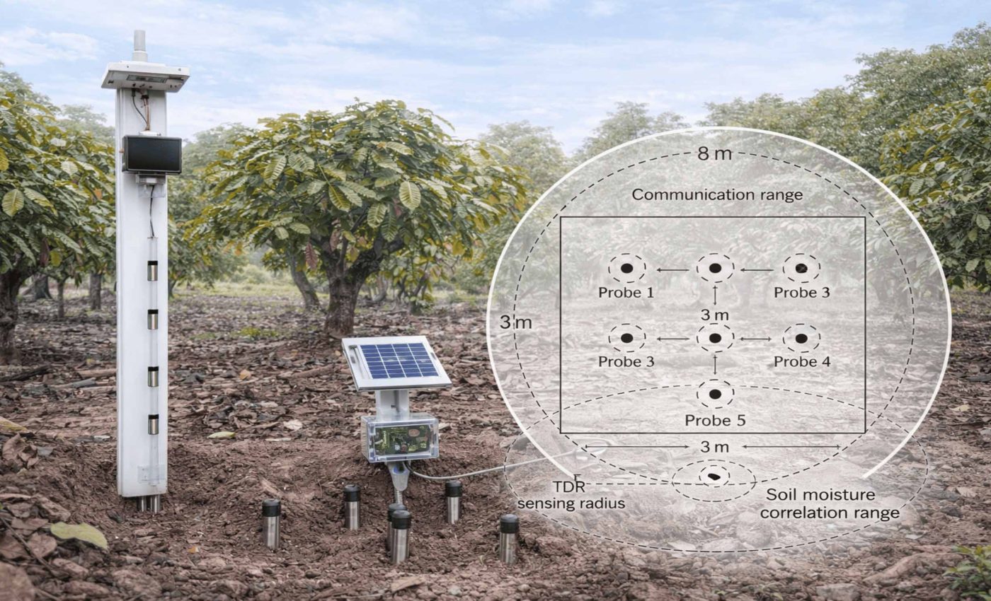 حساسات مدفونة في مزرعة كاكاو ترصد رطوبة التربة عند جذور النباتات.