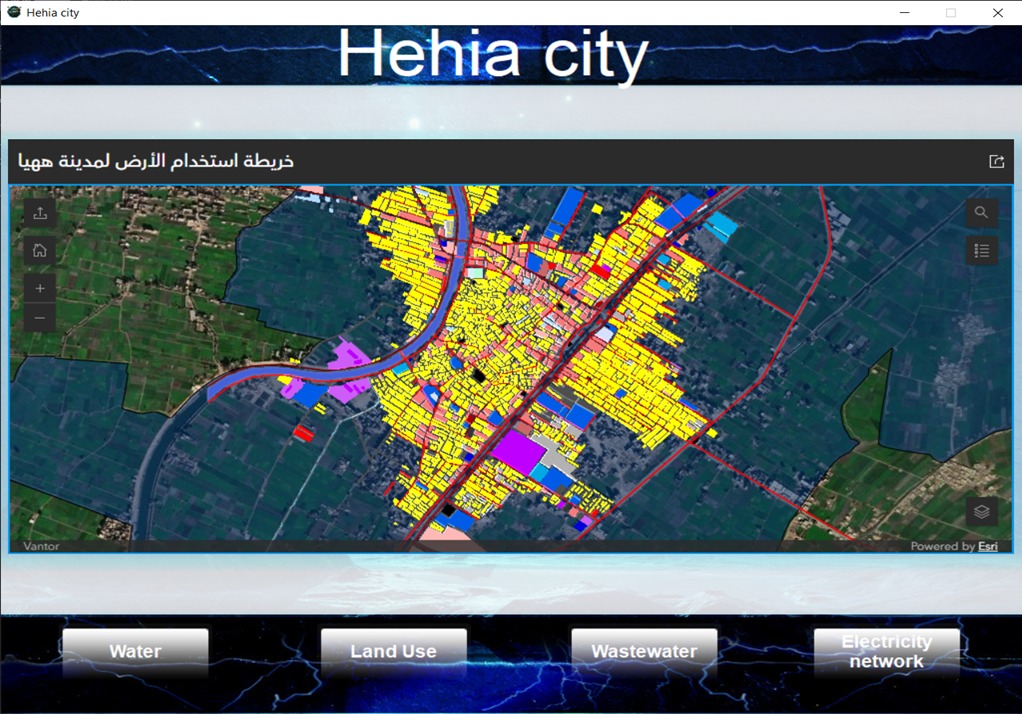 خريطة رقمية تفاعلية لمدينة تُظهر شبكات المياه والكهرباء والطرق بألوان مختلفة عبر برنامج GIS
