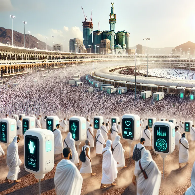 حاج يستخدم هاتفه الذكي داخل الحرم المكي للوصول إلى خدمات الإفتاء الرقمية والتطبيقات الإرشادية.