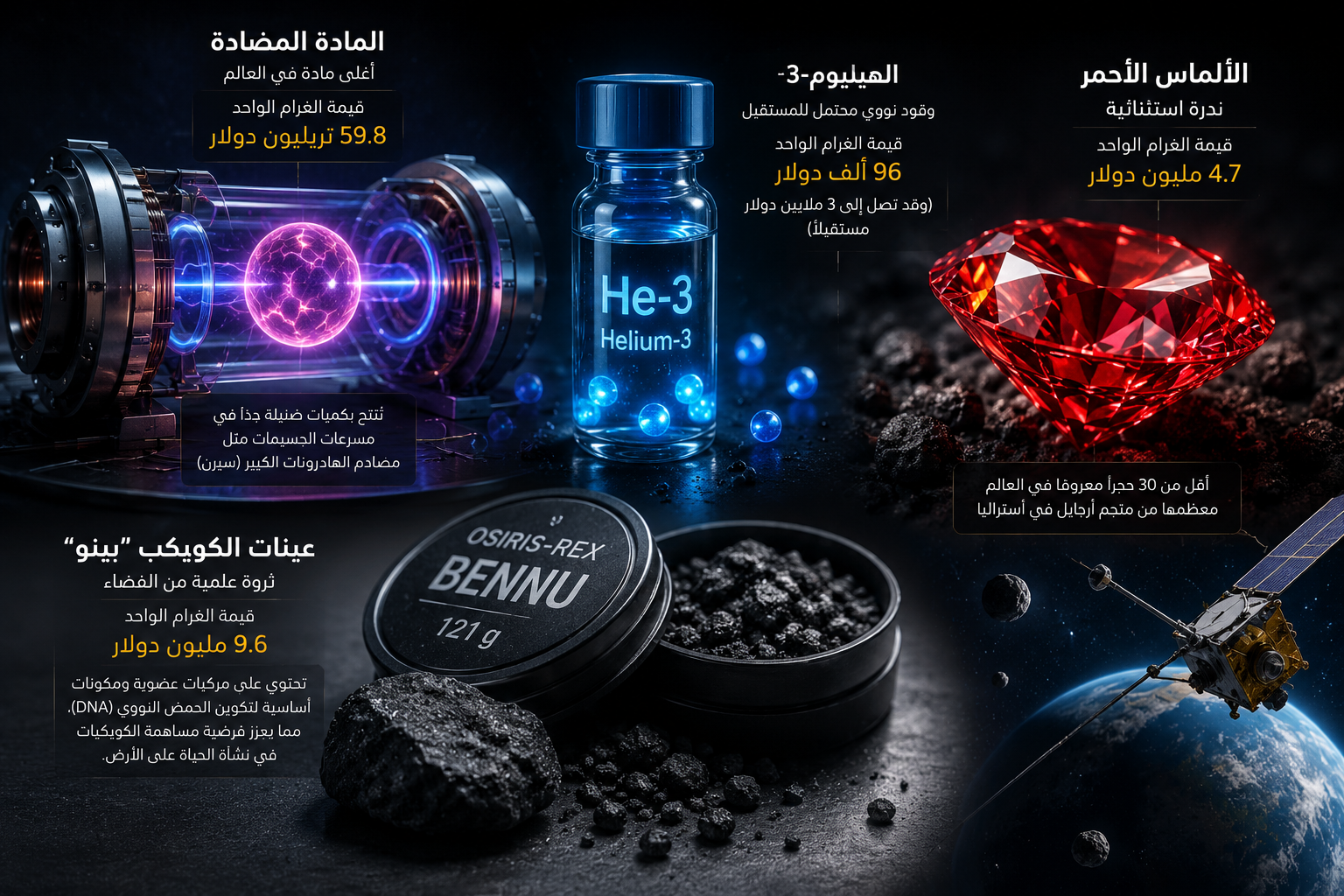 المادة المضادة والهيليوم-3 وألماسة حمراء وعينات من كويكب بينو،