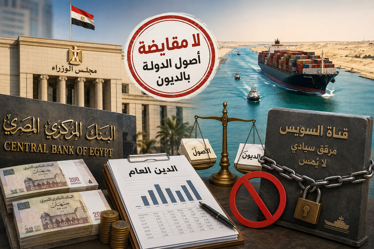 مقر مجلس الوزراء المصري مع صورة رمزية لقناة السويس وأوراق مالية تعكس الجدل حول مقايضة أصول الدولة بالمديونية المحلية.