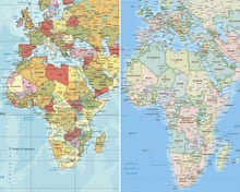 مقارنة بصرية بين خريطة ميركاتور وخريطة Equal Earth تُظهر الفارق في الأحجام النسبية لأفريقيا وأوروبا وجرينلاند.